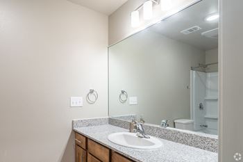a bathroom with a sink with Granite counters and a mirror and a shower at Oleanders at Broadway
